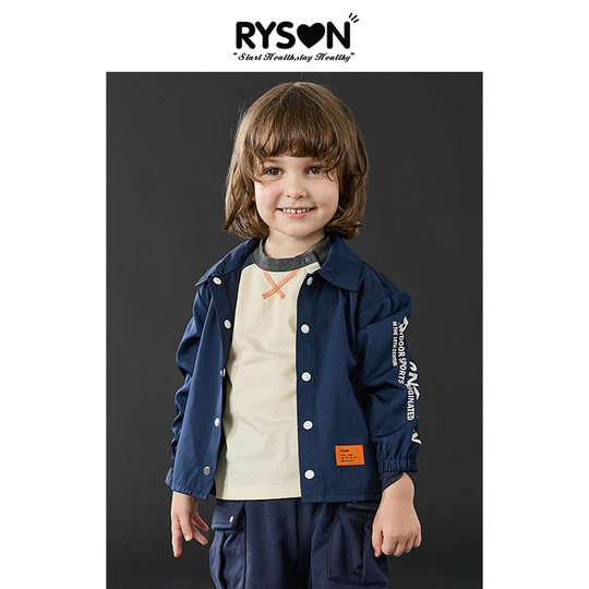 Ryson children's clothing 22 autumn - ネイビー ブルー アーム レター プリント ラペル シャツ ジャケット  男の子 女の子用