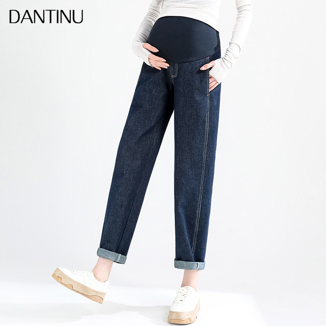 Maternity pants for autumn wear 2025 new belly-resisting jeans for spring and autumn large size loose small straight dad pants