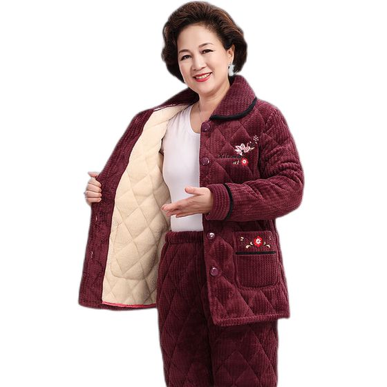 Pajamas Women's Winter Thickens and Velvet Coral Velvet Three -layer Cotton Warm Momed Moms Moms Moms Pack Home for Autumn and Winter