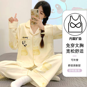 Pure cotton confinement clothes with breast pads with milky pads in spring and autumn, postpartum postpartum women pajamas, summer thin breastfeeding clothes