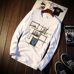 
Autumn trendy men's clothing printed autumn clothing bottoming shirt men's long-sleeved T-shirt pure cotton round neck short-sleeved tops