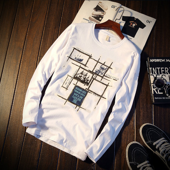 
Autumn trendy men's clothing printed autumn clothing bottoming shirt men's long-sleeved T-shirt pure cotton round neck short-sleeved tops