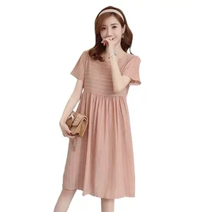 
Maternity striped short-sleeved dress summer mid-length large size loose maternity dress maternity dress lace-up