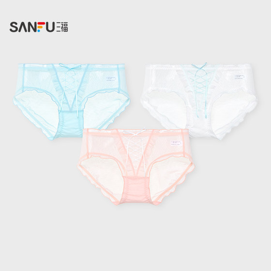 
Sanfu women's low waist hip-covering underwear, palace style embroidered cross breathable mesh half boxer briefs 504298