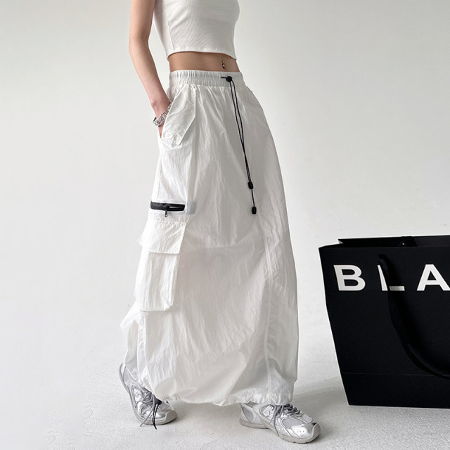 White design hot girl temperament long skirt 2024 summer new high-waisted personalized pocket work skirt for women