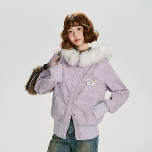 
Girlyhalo American retro fur collar hooded coat women's autumn and winter new design slim cardigan sweatshirt