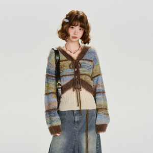 
Girlhalo American retro hot girl contrasting color knitted cardigan for women in autumn new design short jacket