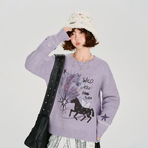 
Girlyhalo American retro printed round neck pullover sweater for women in autumn and winter new soft and waxy loose knitted top