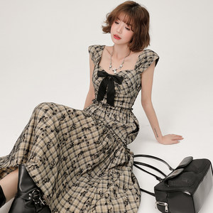 Girlyhalo retro plaid dress, women's summer high waisted butterfly embroidery design, A-line suspender large swing skirt