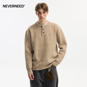 
NEVERNEED Henry collar sweater for men in autumn and winter American retro lazy style with sheep wool inner sweater