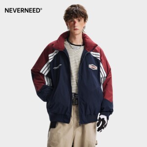 
NEVERNEED contrasting color splicing cotton-padded clothes for men and women in winter American fashion brand warm and thickened couple stand-up collar cotton clothes trendy