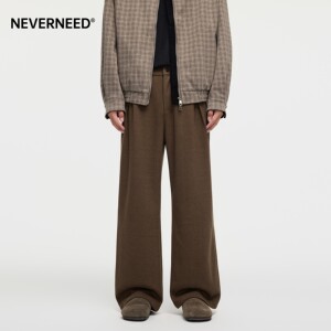 NEVERNEED sheep wool straight plus velvet casual trousers men's American cleanfit loose A-line trousers