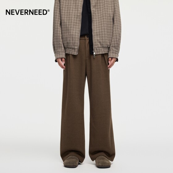 NEVERNEED sheep wool straight plus velvet casual trousers men's American cleanfit loose A-line trousers