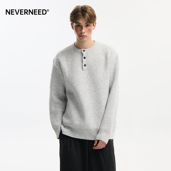 
NEVERNEED Henry Collar Pullover Sweater Men's Autumn and Winter American Lazy Style Wool Knitted Sweater Jacket