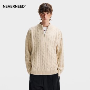 
NEVERNEED old money style half zipper stand collar twist sweater for men and women winter lazy style couple knitted sweater