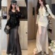 Mesh spliced ​​soft shadow fishtail skirt pleated hip high waist skirt internet celebrity hot 2025 spring and summer new skirt