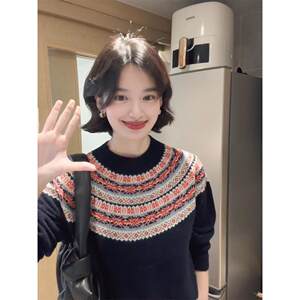 
Fair Isle jacquard navy blue long-sleeved pullover sweater for women in autumn and winter, lazy and loose inner wear, New Year's style knitted top