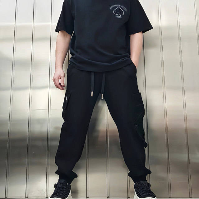 High street design trendy casual pants men's spring and summer loose foot ties sports trousers workwear pockets handsome functional style

