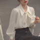 Lantern sleeve spring and summer bow shirt white commuting shirt women's French streamer design professional interview top