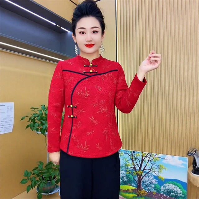 
Middle-aged and elderly women's new autumn style disc-buttoned retro-style shirts for women, loose, belly-covering, slimming, fashionable, versatile tops for women