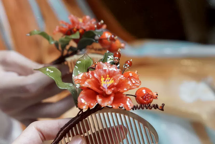 石榴花簪古風漢服梳子十二花神髮飾百搭紅色簪子