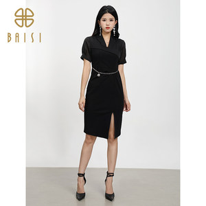 
2025 summer new product 100-silk midi skirt black simple slit slim short-sleeved hip-covered dress
