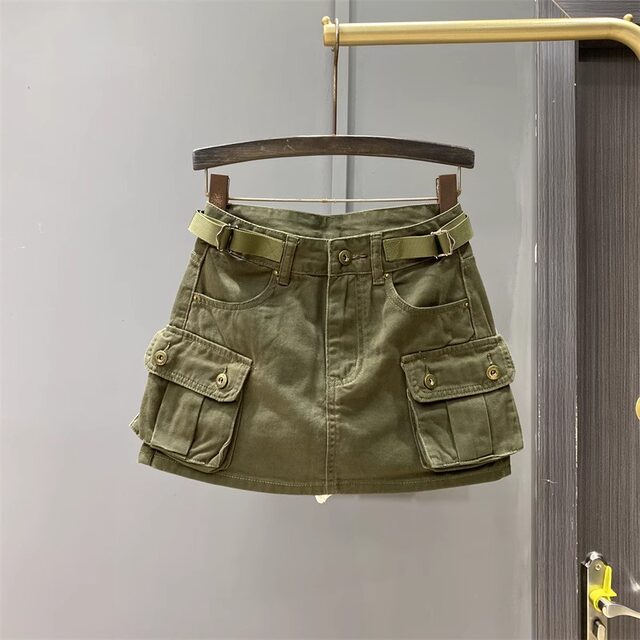 2024 autumn new models can adjust the waist retro -defense light work pocket pocket A -line hip -ray denim skirt women's tide