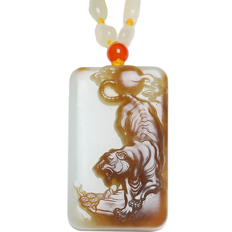 鑑別書付き本物】和田白玉虎の彫刻虎像 干支寅年 佩玉根付牌子 和田玉