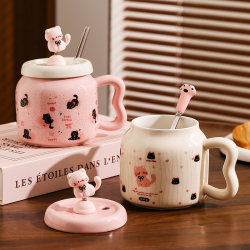 Cute Bobblehead Cat Straw Mug, Large Capacity Ceramic Water Cup for Home Use, Cartoon Coffee Cup, Gift for Girls, Mi Heng
