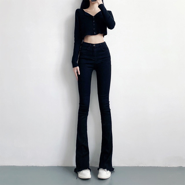 High-waisted slimming tight elastic raw edge black micro-flared jeans for women autumn 175 tall floor-length mopping pants