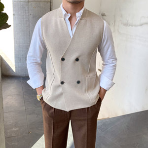
Autumn and winter versatile double-breasted knitted sleeveless waistcoat British personalized vest slim wool suit vest for men