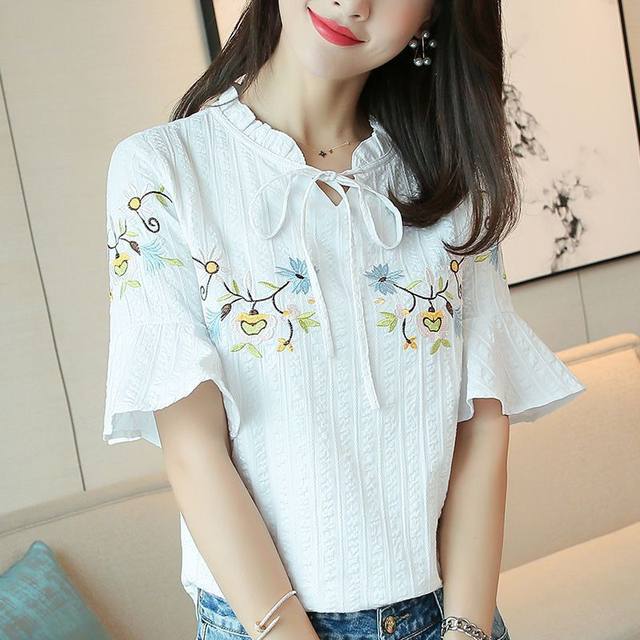 
Cotton ruffled short-sleeved shirt for women new summer V-neck embroidered bow top versatile shirt wholesale