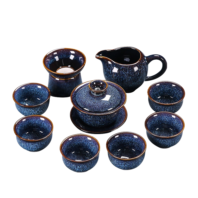 窑变天目釉功夫茶具套装陶瓷蓝盏泡茶壶盖碗整套茶器会客家用中式 