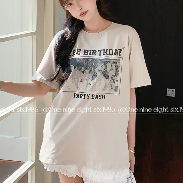 Light gray T-shirt for women's summer loose short-sleeved 2025 new large version base T-shirt casual round neck printed top
