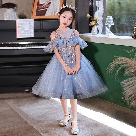 open lace back dress Luxury Silver Girl Dress Beaded Court Train Princess Gown J300, Silver / Child-12