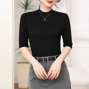 
Casual style slim sweater women's black three-quarter sleeve round neck pullover bottoming shirt 2026 spring new style