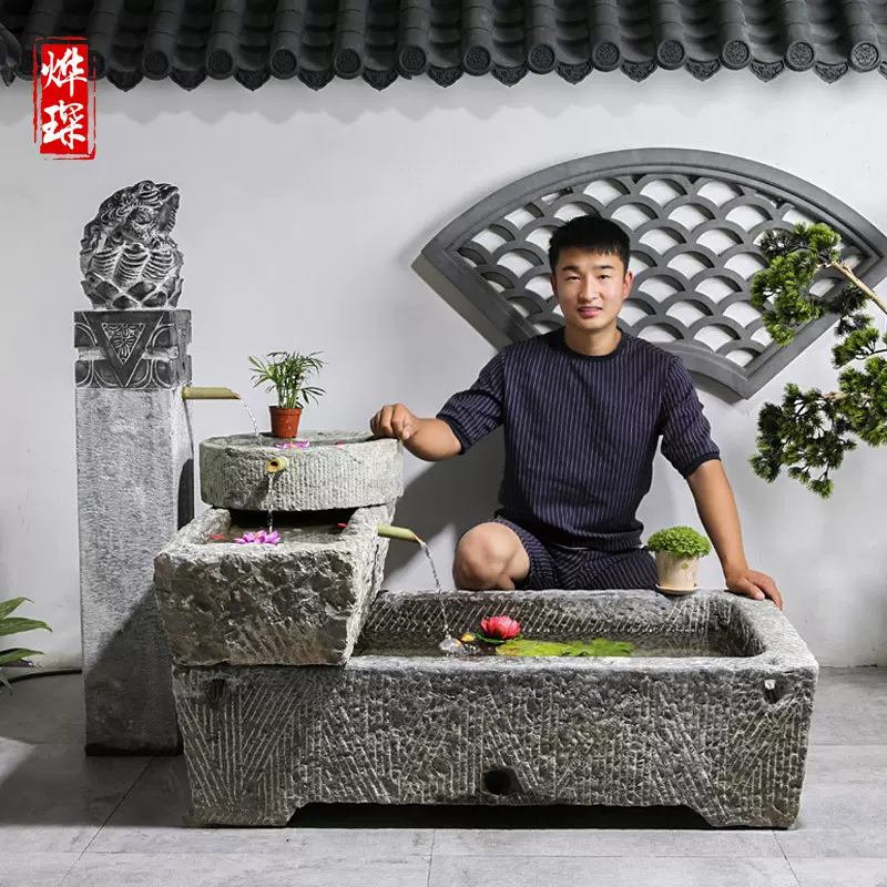 老旧石槽马槽牛槽鱼缸流水组合室内酒店庭院水槽景观