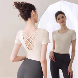 2025 New Yoga Clothes for Women, Thin Tops for Pilates Training, Sports with Chest Pads, Fitness Clothes, Autumn Short-Sleeved Suits