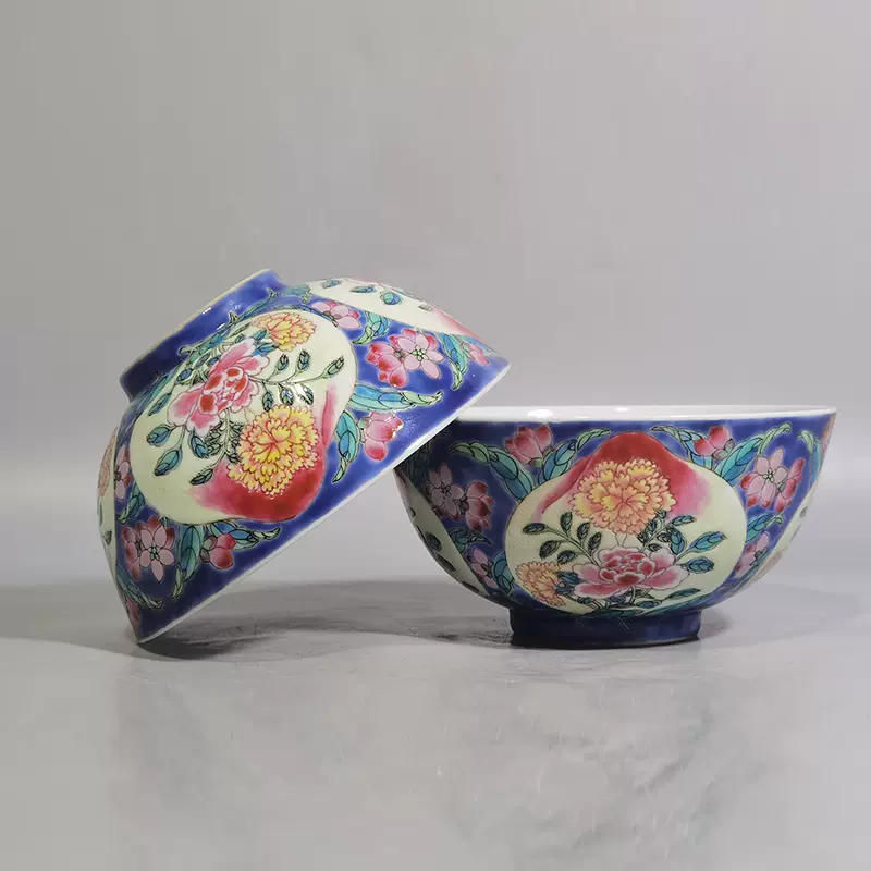 清雍正瓷器珐琅彩蓝地寿桃碗一对古董古玩明清老瓷器旧货老货收藏-Taobao