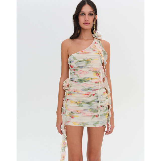 For Love and Lemons 24 spring and summer new style pleated chiffon printed one-shoulder dress