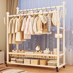 Thickened Double-Rod Coat Rack, Floor-Standing Bedroom Household Clothes Drying Rack, Movable Clothes Rack, Indoor Clothes Storage Rack
