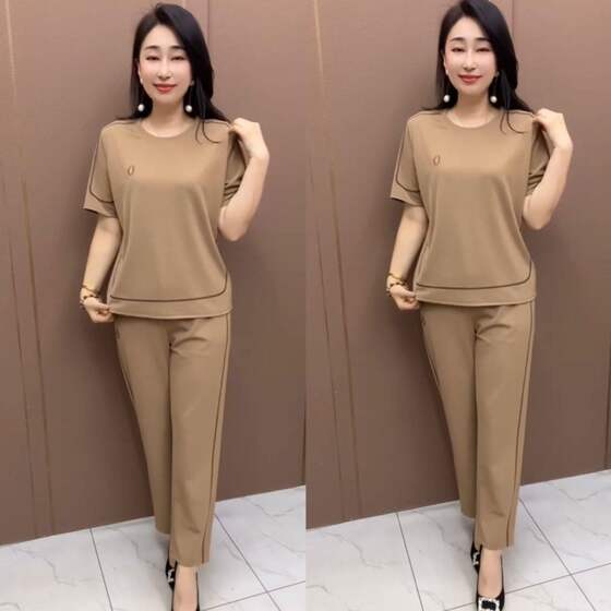 
Summer short-sleeved casual 26 new large size sports two-piece suit for mother breathable large size slimming trousers cover