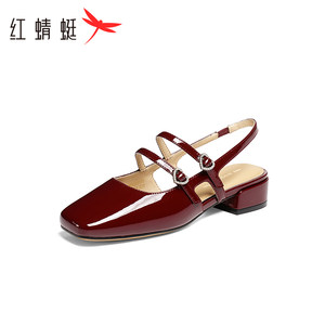 
Red Dragonfly Fashion Sandals Women's Summer New Style French Thick Heel Patent Leather Rhinestone Decorated Baotou Shoes Back Empty Single Shoes