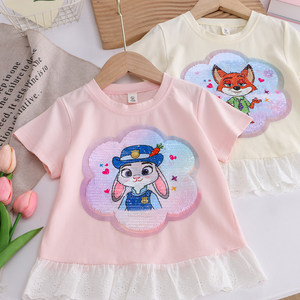 
Girls' cute style color-changing short-sleeved T-shirt double-sided sequin cartoon animal top summer girl baby half-sleeve