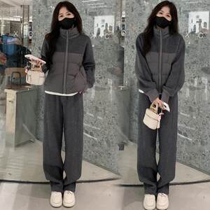 
2024 autumn and winter new style wool casual sports suit for women's spliced ​​down jacket wide-leg pants two-piece set