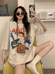 Vintage American Retro T-Shirt for Women, Plus Size, Pure Cotton, Short-Sleeved, Loose Fit, Slimming, ins Niche Design Trendy Top