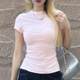 Pink round neck straight shoulder short sleeves for women in summer new hot girl waist-hugging slim and versatile basic T-shirt top