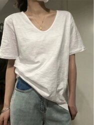 Pure Cotton Short-Sleeve T-Shirt for Women, White V-Neck Top, Summer Thin Style, Loose and Lazy, Vintage Hong Kong Style Chic Base Shirt, Trendy