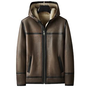 
Original ecological sheepskin one-piece leather jacket Haining genuine leather jacket hooded men's thickened winter new fashion