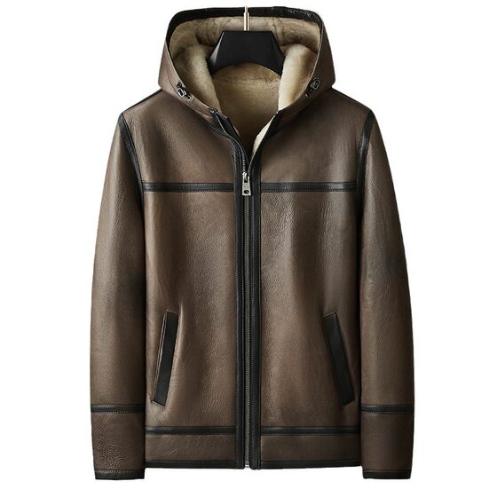 
Original ecological sheepskin one-piece leather jacket Haining genuine leather jacket hooded men's thickened winter new fashion